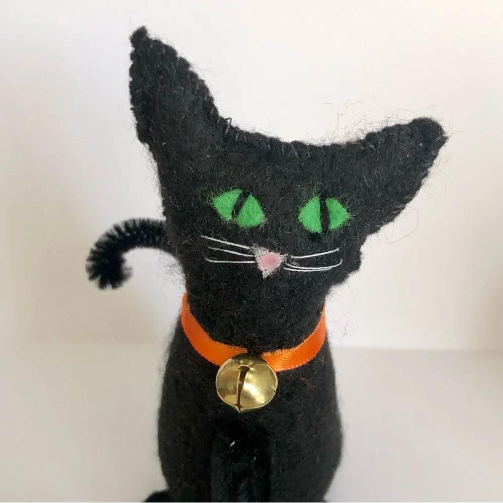Black Cat Felt art doll hand-sewn handmade Orange ribbon bell
